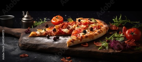 Pizza slice on stone plate with closeup ingredients.