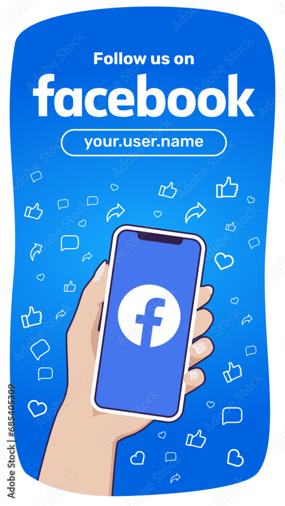 Hand holding smartphone with Facebook logo in the screen. Vertical ...