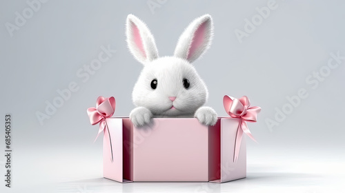 the Easter Bunny sits in a gift box surrounded by Easter eggs