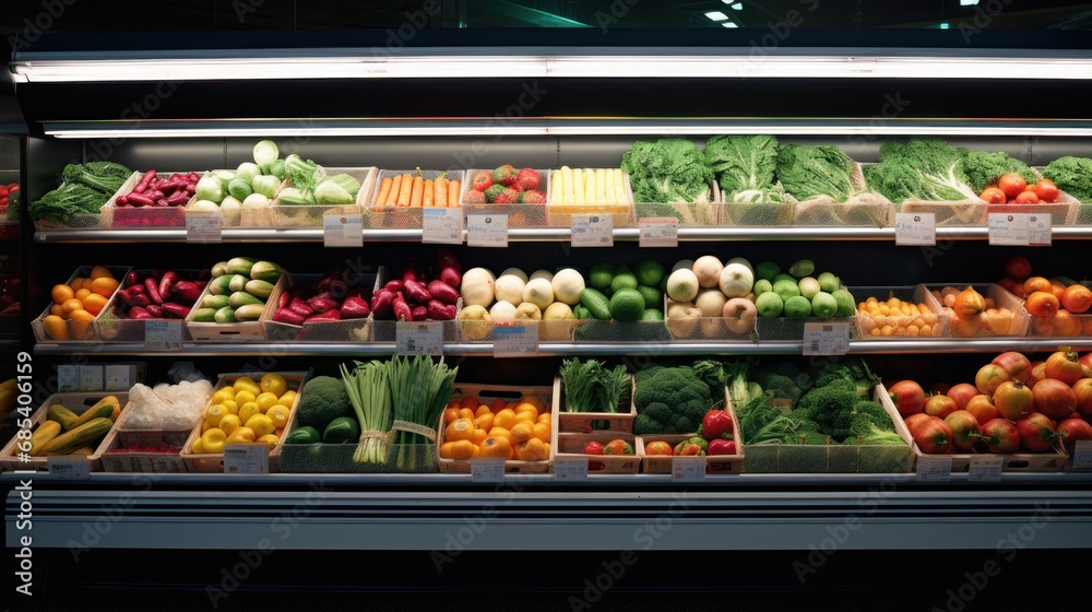 Rows of fresh produce on shelves at supermarket,Fruits and vegetables in the department store