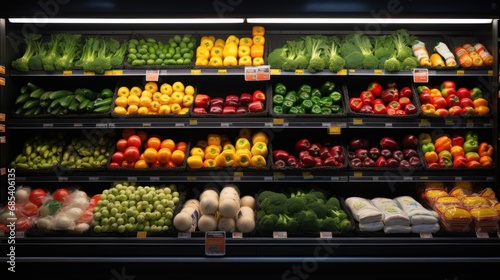 Rows of fresh produce on shelves at supermarket,Fruits and vegetables in the department store