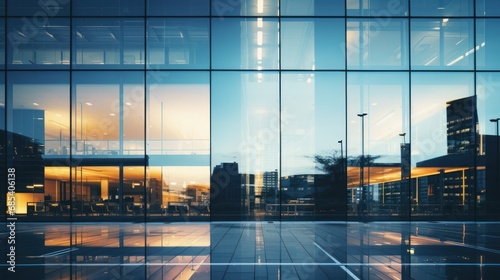 modern buildings in big cities,Reflection of Illuminated office building in glass office  #685406138