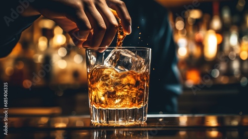 Side view of a woman's hand Pouring a whiskey in a glass on bar counter Bokeh background in restaurant  photo