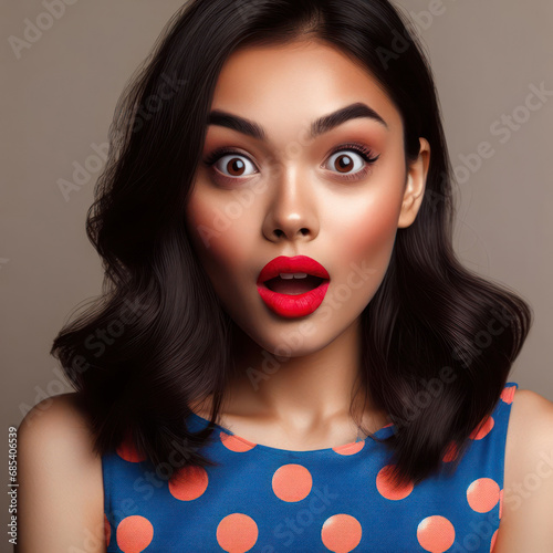 pretty woman in a poka dot dress and bright lipstick is surprised photo