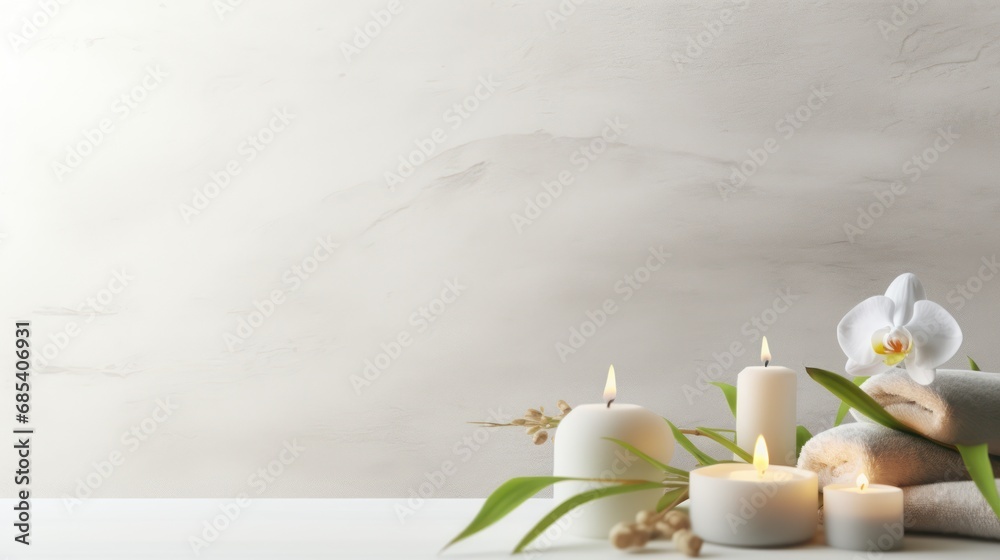 Spa background with a space for a text top view ,Spa product are placed in luxury spa resort room 