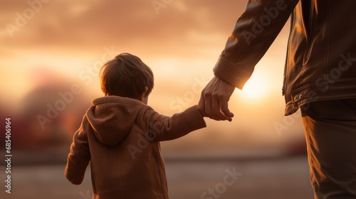 Happy family concept, father holding hands with son during sunset photo