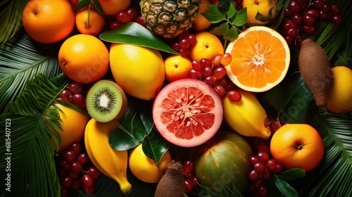 Top-down view ,tropical fruit concept,Assortment of tropical fruits with palm leaves 