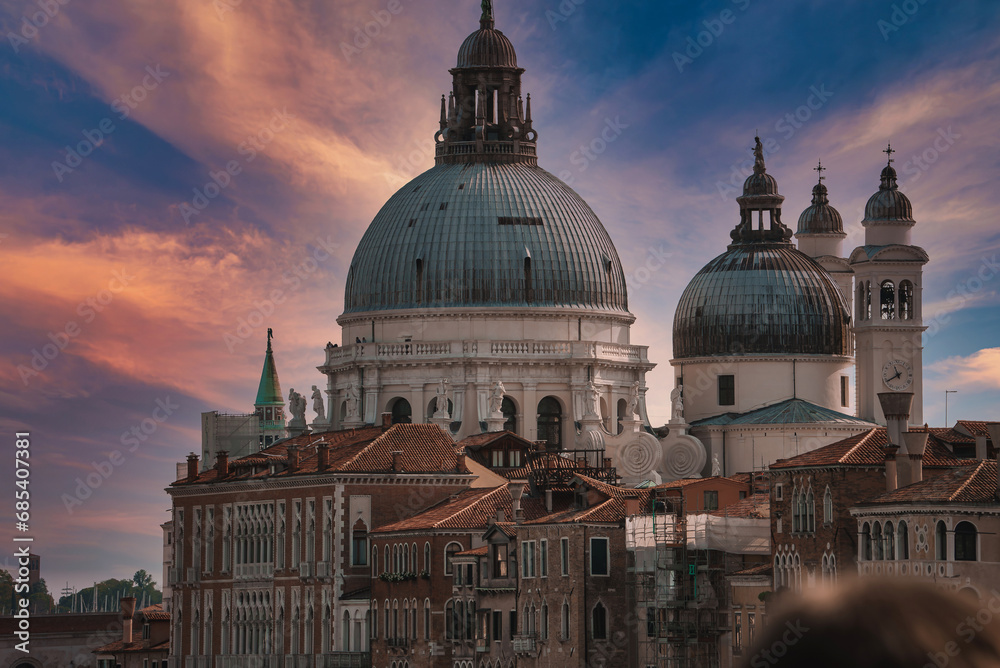 View from Campanile di San Marco to Basilica of St Mary of Health or Basilica di Santa Maria della Salute at summer morning in Venice, Italy - obrazy, fototapety, plakaty 