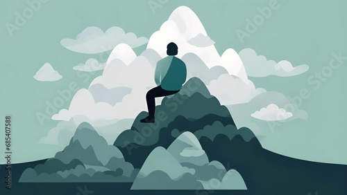 A person with a relaxed posture and eyes closed rendered in soothing blues and greens sitting atop a mountain Psychology emotions concept. . photo