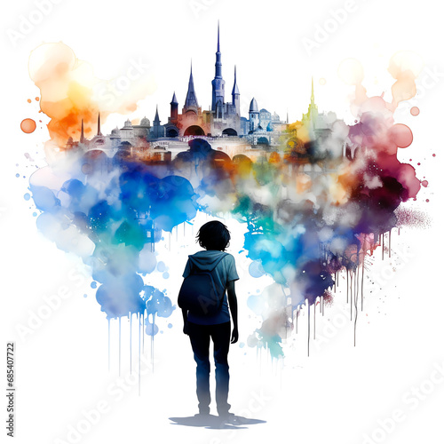 person daydreaming of fantasy utopia watercolor castle