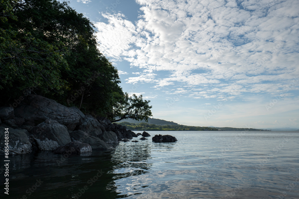 Conchagüita, Rocky Salvadorian Island with Hot Springs with Pristine Forest and Shore Landscape at Dusk