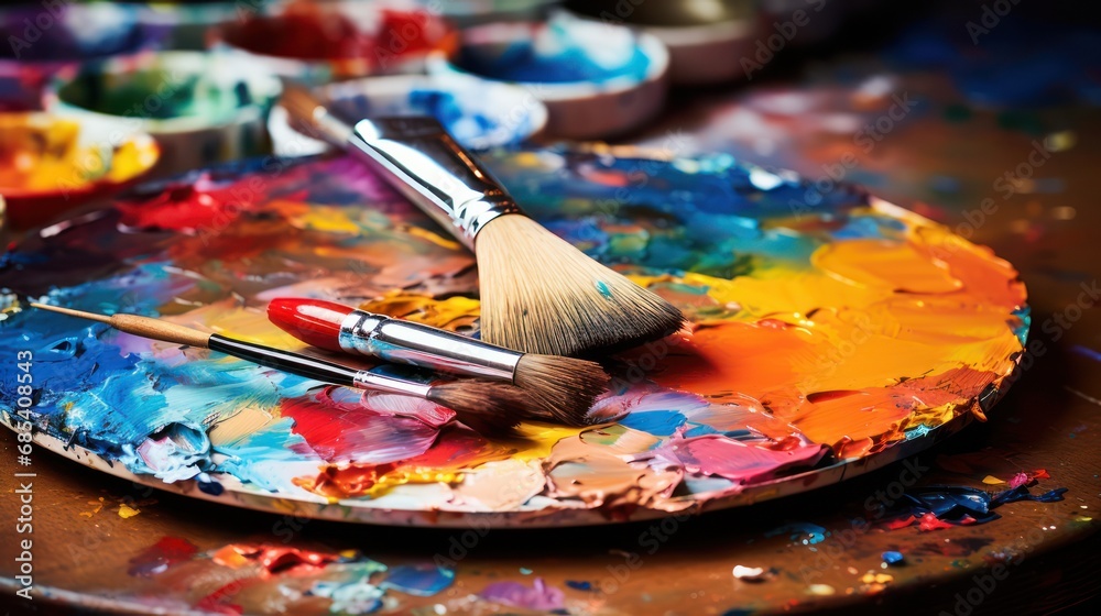 Fototapeta premium Painting equipment brush with colorful ink spots on paint palette.