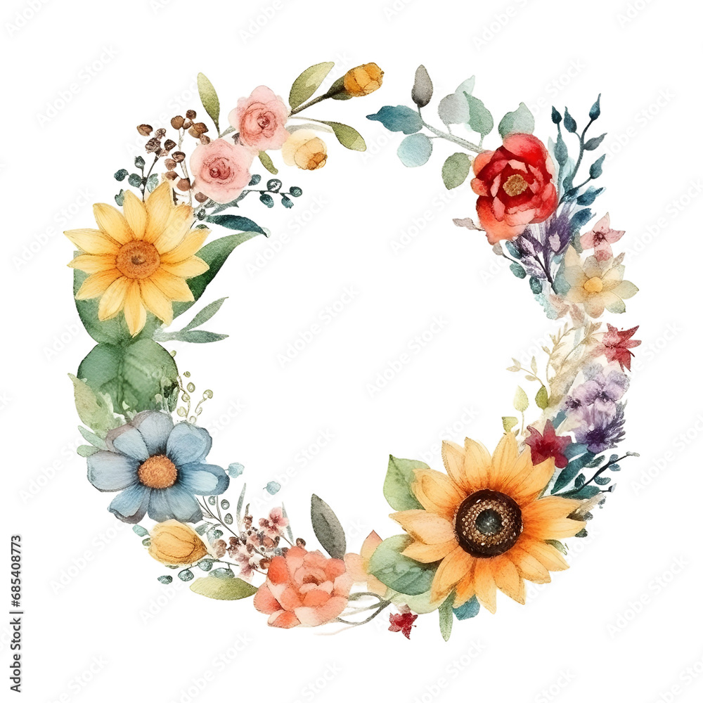 Obraz premium Watercolor cute clipart floral wreath with flowers and leave on transparent background. sublimation, tshirt, mug, pillow, tumbler, print