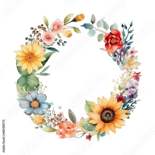 Watercolor cute clipart floral wreath with flowers and leave on transparent background. sublimation  tshirt  mug  pillow  tumbler  print