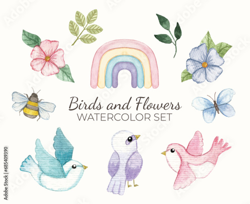 Coleção de ilustrações de pássaros, flores e insetos em aquarela  photo
