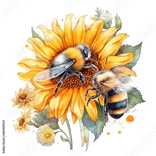 Watercolor cute clipart honeybee and sunflower on transparent background. sublimation, tshirt, mug, pillow, tumbler, print
