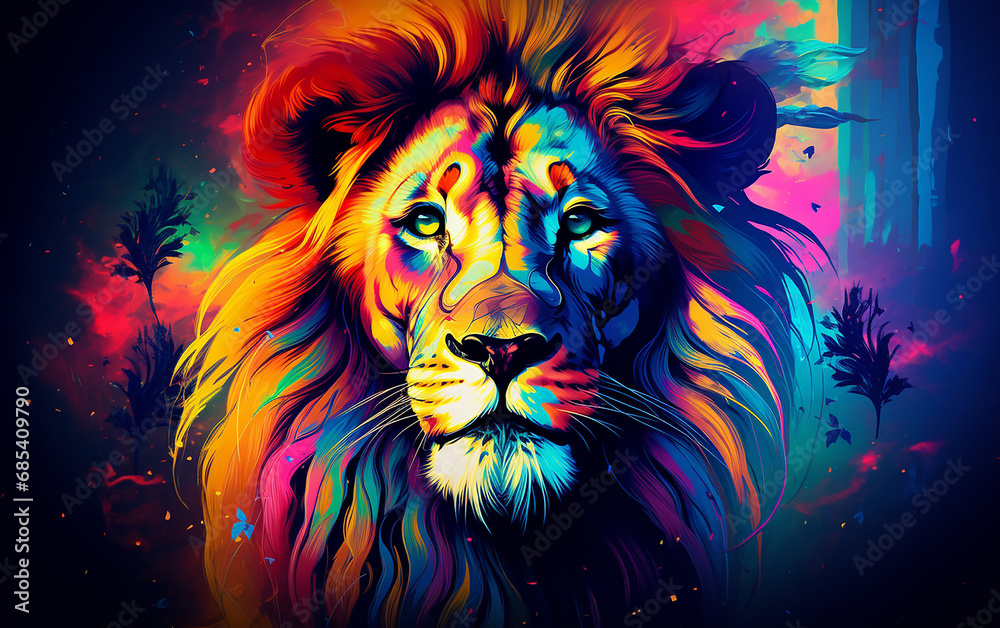 Fototapeta leão minimalista em fundo colorido vibrante