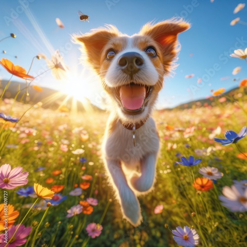 happy dog running and bounding through a field of wildflowers on a beautiful day photo