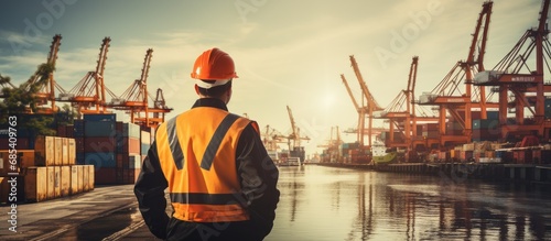 Worker in safety gear inspecting shipment in dockyard.