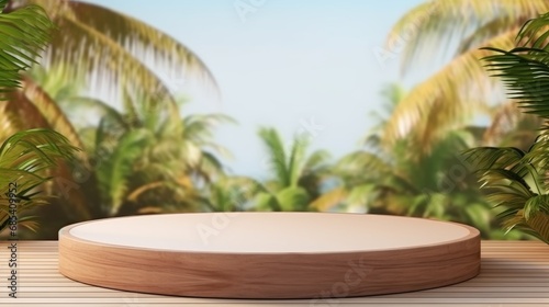 Empty wooden table podium for product display on nature bokeh background. Generative AI