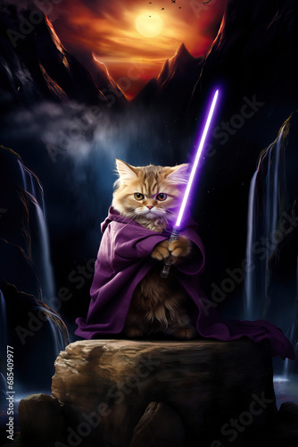 Cat in hooded outfit holding purple light saber