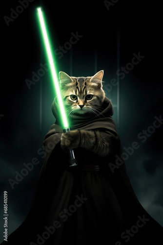 Cat wearing hooded outfit holding green laser light saber