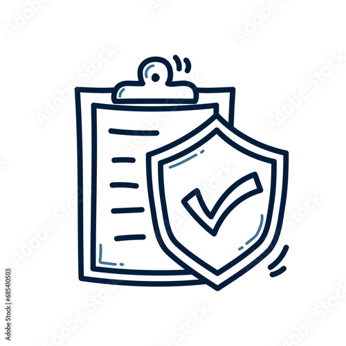 Hand drawn clipboard with shield doodle line illustration. Clipboard with shield doodle icon vector.