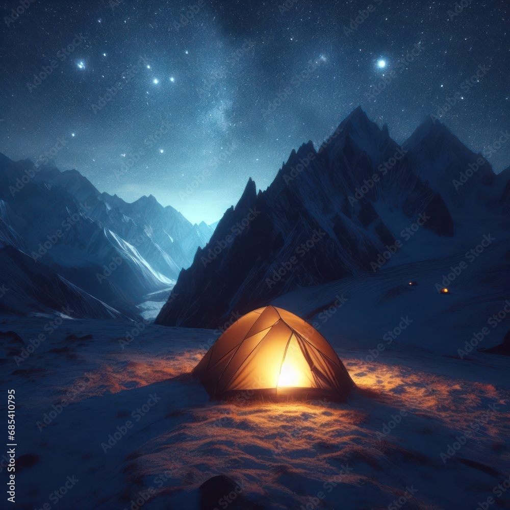 camping in a tent in a snowy landscape under the stars