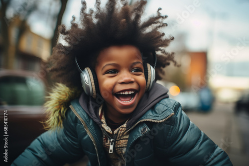 Portrait of a happy young black boy smiling thrilled, with big curly hair outdoors in a street wearing a jacket and a headset, intense expression playful smile joy afro american child african american