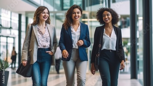 Three business women are walking in the office