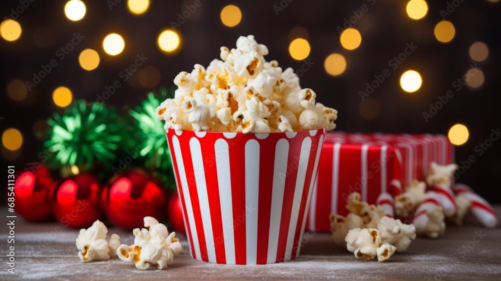 christmas popcorn in a popcorn box on a table with festive christmas decoratioin the background
