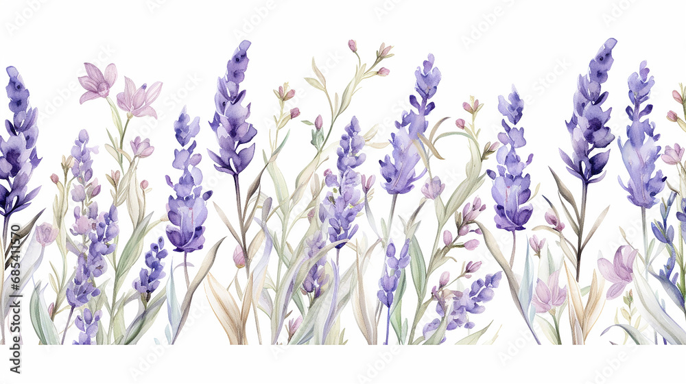 Lavender flowers watercolor illustration. Seamless border from lavender and eucalyptus watercolor. Medical and aroma lilac herb botanical drawing.