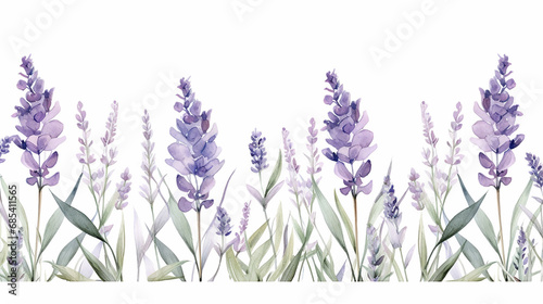 Lavender flowers watercolor illustration. Seamless border from lavender and eucalyptus watercolor. Medical and aroma lilac herb botanical drawing.