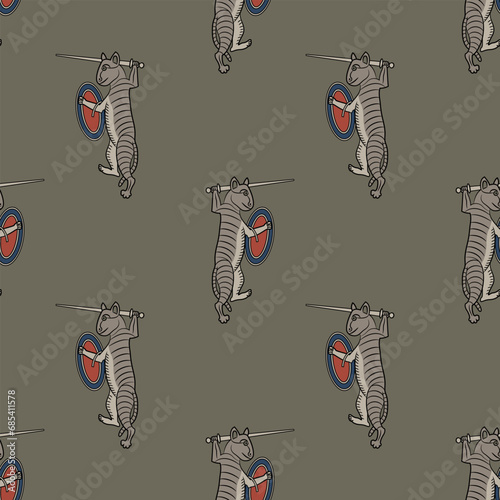 Seamless animal pattern with funny fighting warrior cats. Tabby soldiers with swords and shields. Medieval illuminated manuscript design. On gray background.
