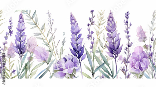 Seamless border from lavender and eucalyptus watercolor. Lavender flowers watercolor illustration. Medical and aroma lilac herb botanical drawing.