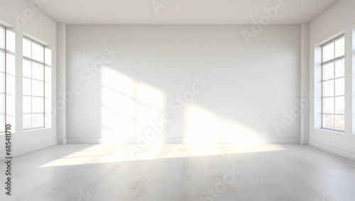 White empty room with windows behind the wall