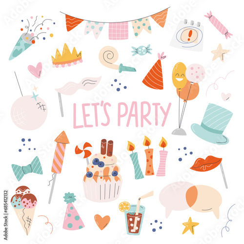 Cute pastel color elements set. Party materials bundle isolated. Carnival decor design. Event and entertainment. Celebration and festive items pastel collection hand drawn flat vector illustration