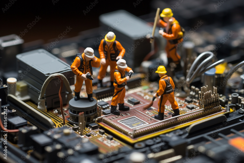 The tiny figures of labour working on the electronic circuit, Generative Ai The tiny figures of labour working on the electronic circuit, Generative Ai