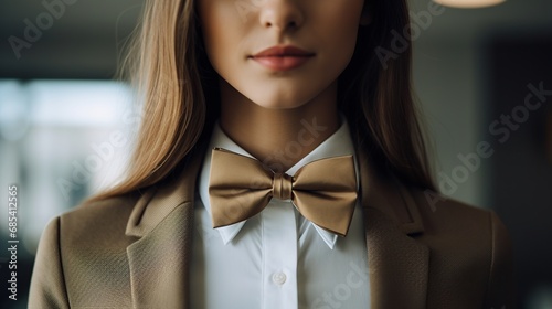 Close-up of a woman in a suit with a bow tie