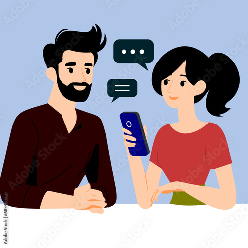 flat illustration of a man and woman chatting with a smart phone