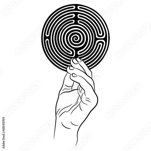 Human hand holding a round spiral maze or labyrinth symbol. Creative philosophical concept. Symbol of knowledge and mystery. Black and white silhouette.