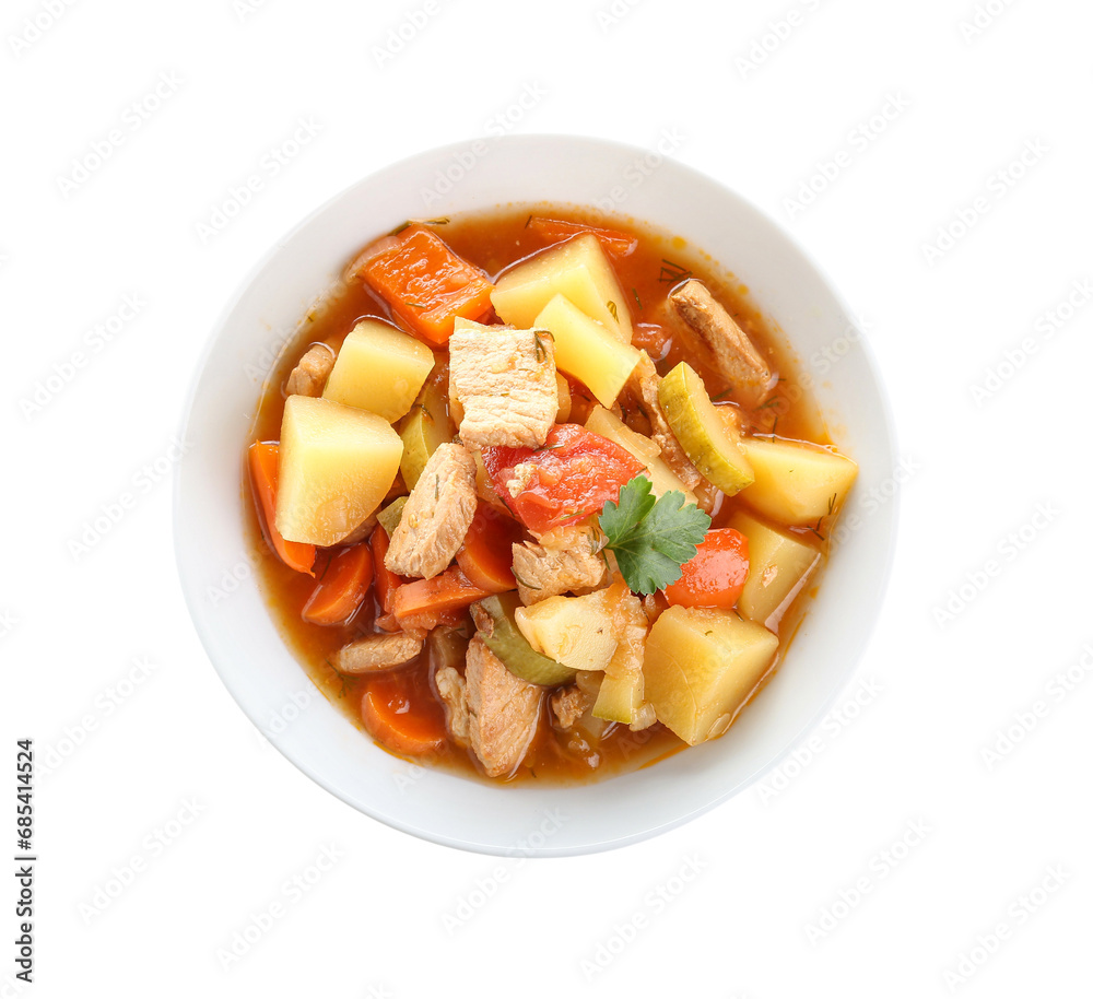 Bowl with delicious beef stew and parsley on white background Bowl with delicious beef stew and parsley on white background