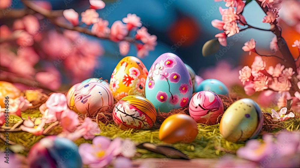 Fototapeta premium Spring jubilation, A basket of colorful Easter eggs