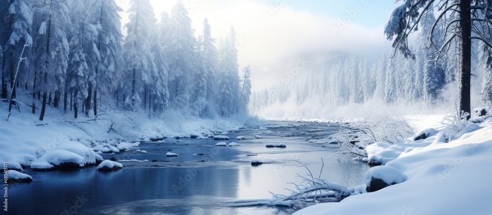 snow-covered river in winter