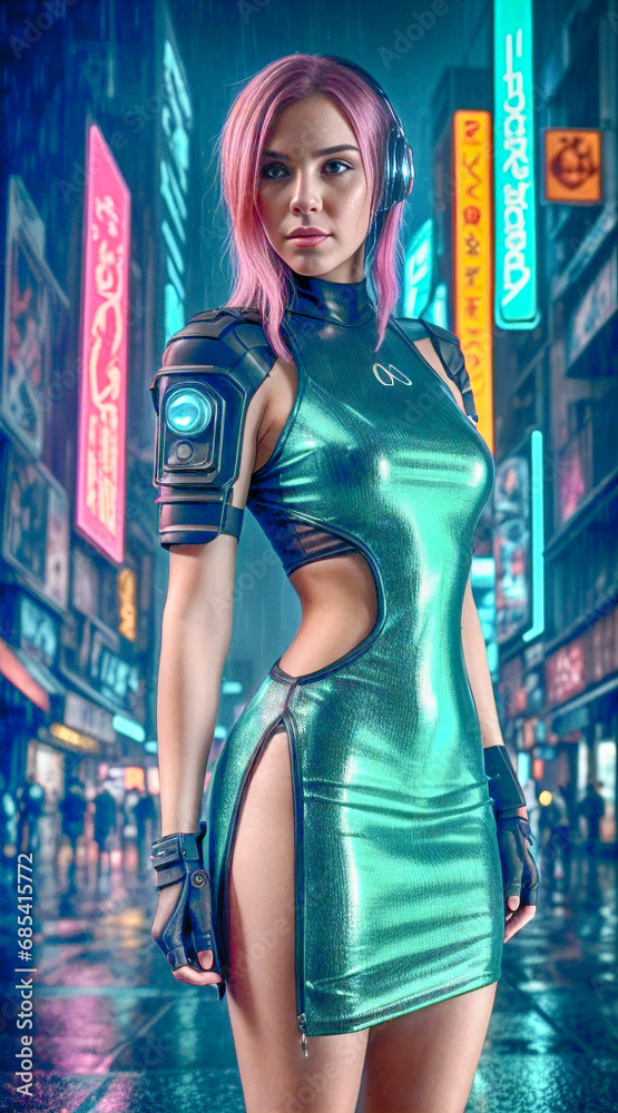 Naklejka premium Embracing innovation and style, this modern muse takes to the urban streets in a futuristic ensemble