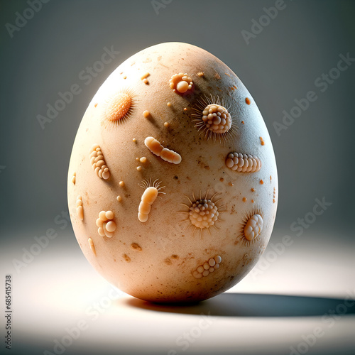 Salmonella Enteritidis. Listeria monocytogenes. Egg object with etched microbes, symbolizing scientific study in microbiology photo