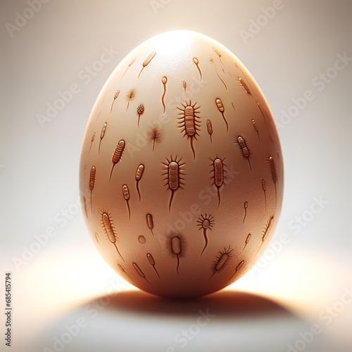 Egg-shaped object with etched microbes, symbolizing scientific study in microbiology. Salmonella Enteritidis. Listeria monocytogenes. photo