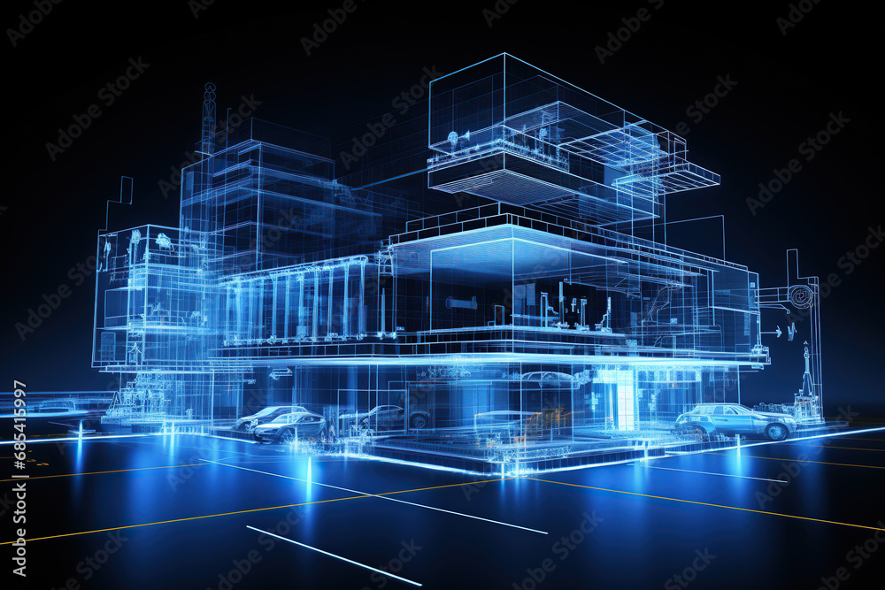 3D rendering of a wireframe building on a dark background. 