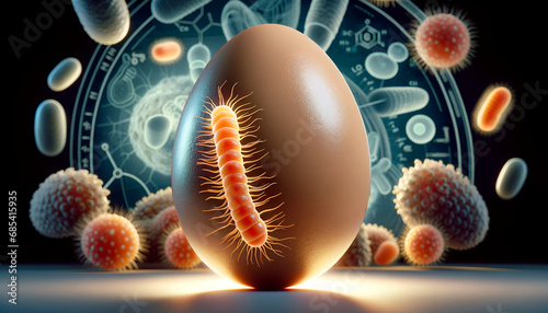 Bacterium attached to egg object, amidst various pathogens, representing biotechnological studies. Salmonella Enteritidis, science, Listeria monocytogenes photo
