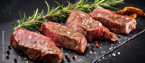 Three thin steak pieces from tenderloin, seasoned with olive oil, salt, rosemary, and pepper, suitable for grilling or frying.